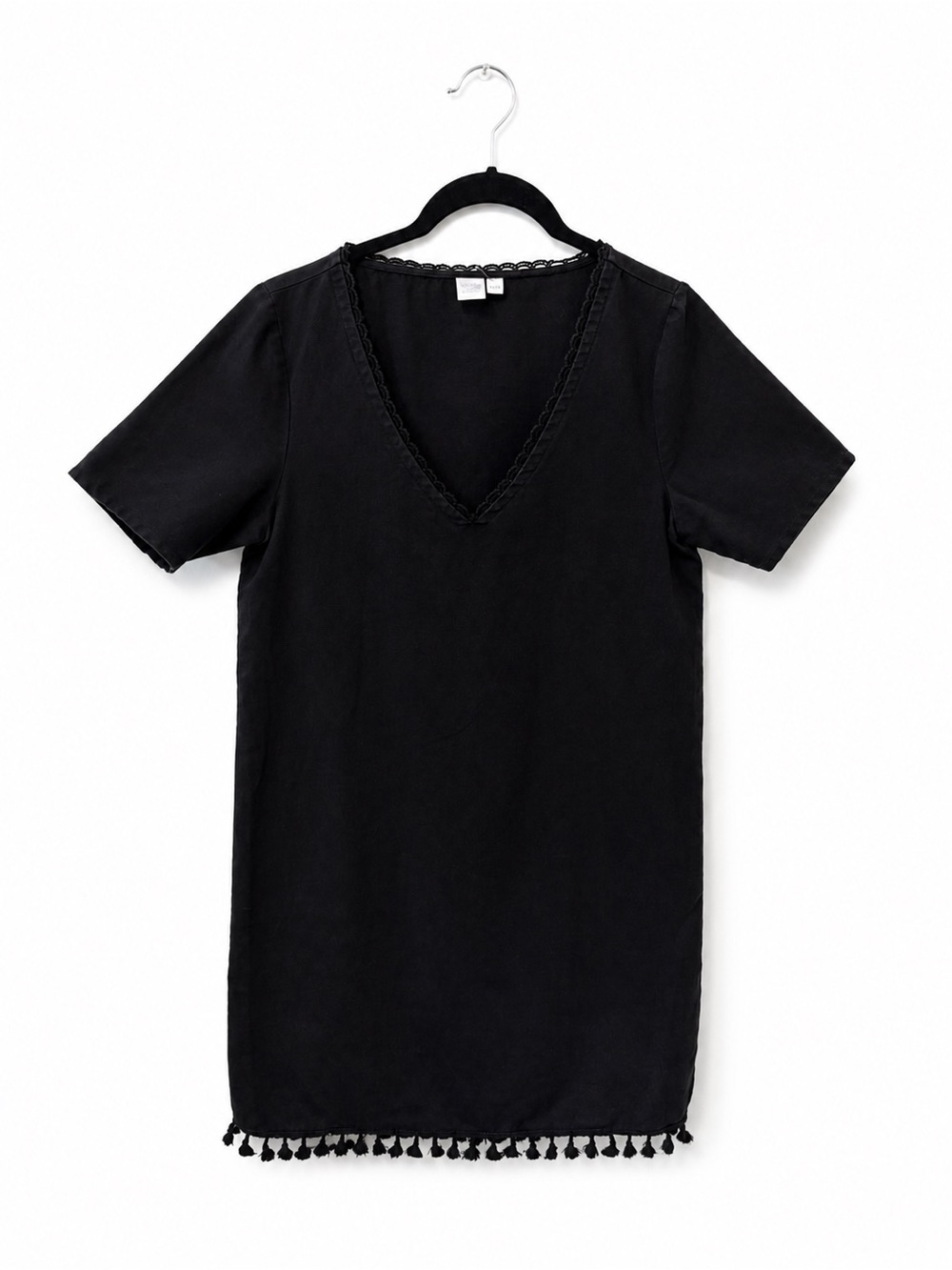 twik Black Tassel Trim Tunic Dress Sz XS Boho Chic Festival Linen Spring Coastal - Picture 2 of 8